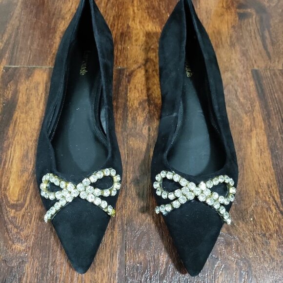 Larroude Lee Black Velvet Crystal Bow Embellished Pointed Toe Flat Women's 8.5 - Picture 5 of 9